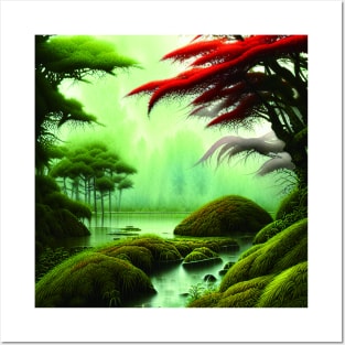 Digital Painting Scene Of a Lake Under A Variety Of Colorful Plants, Amazing Nature Posters and Art